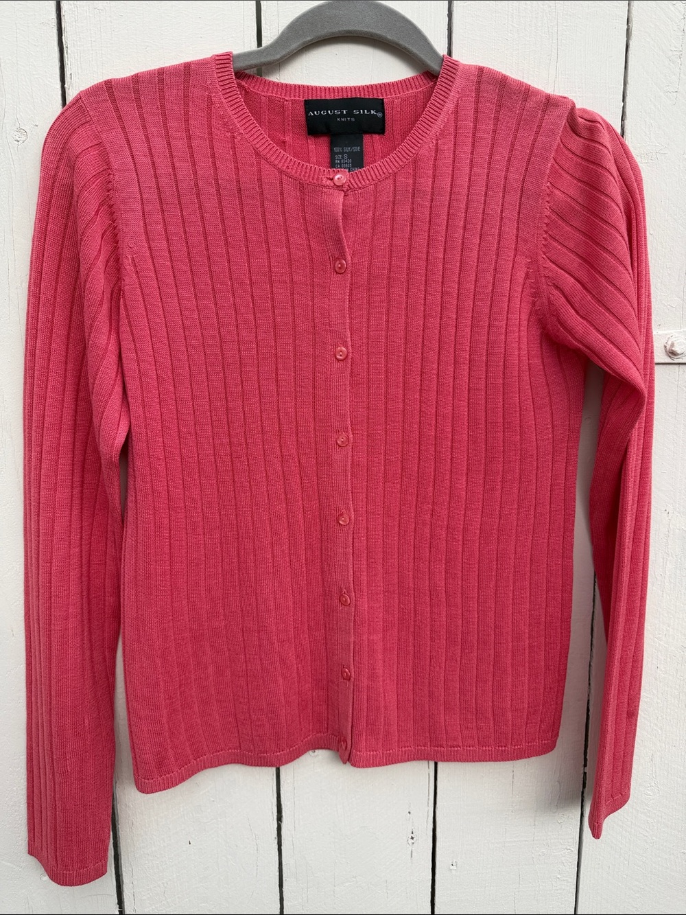 august silk 100% Silk Coral Pink Ribbed Button-Front Cardigan